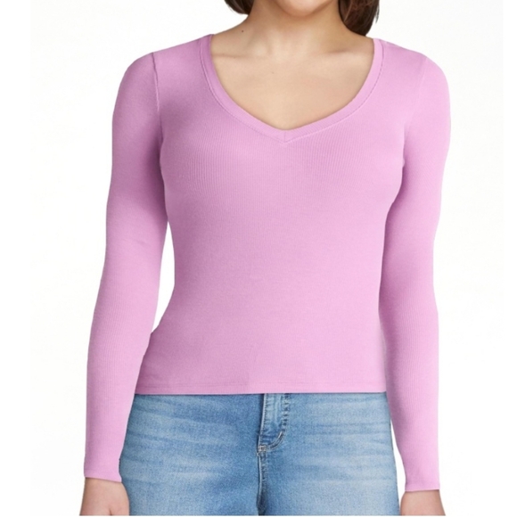 No Boundaries Tops - No Boundaries lilac rose V-Neck Ribbed fitted long sleeve top